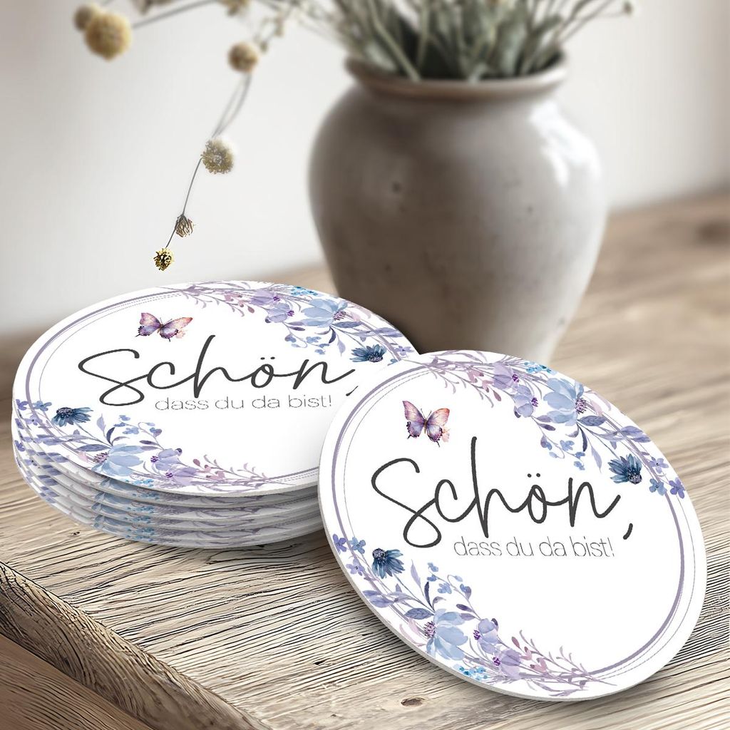 50 Bierdeckel 'Schön, dass du da bist', Floral Butterfly Fliederblau Rund Hochzeit