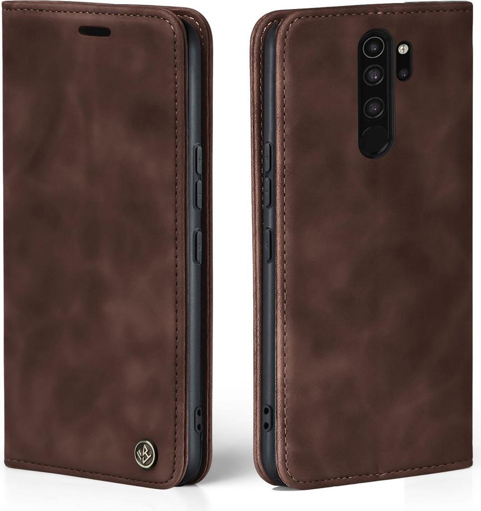 A brown flip case for a smartphone is shown from two angles.