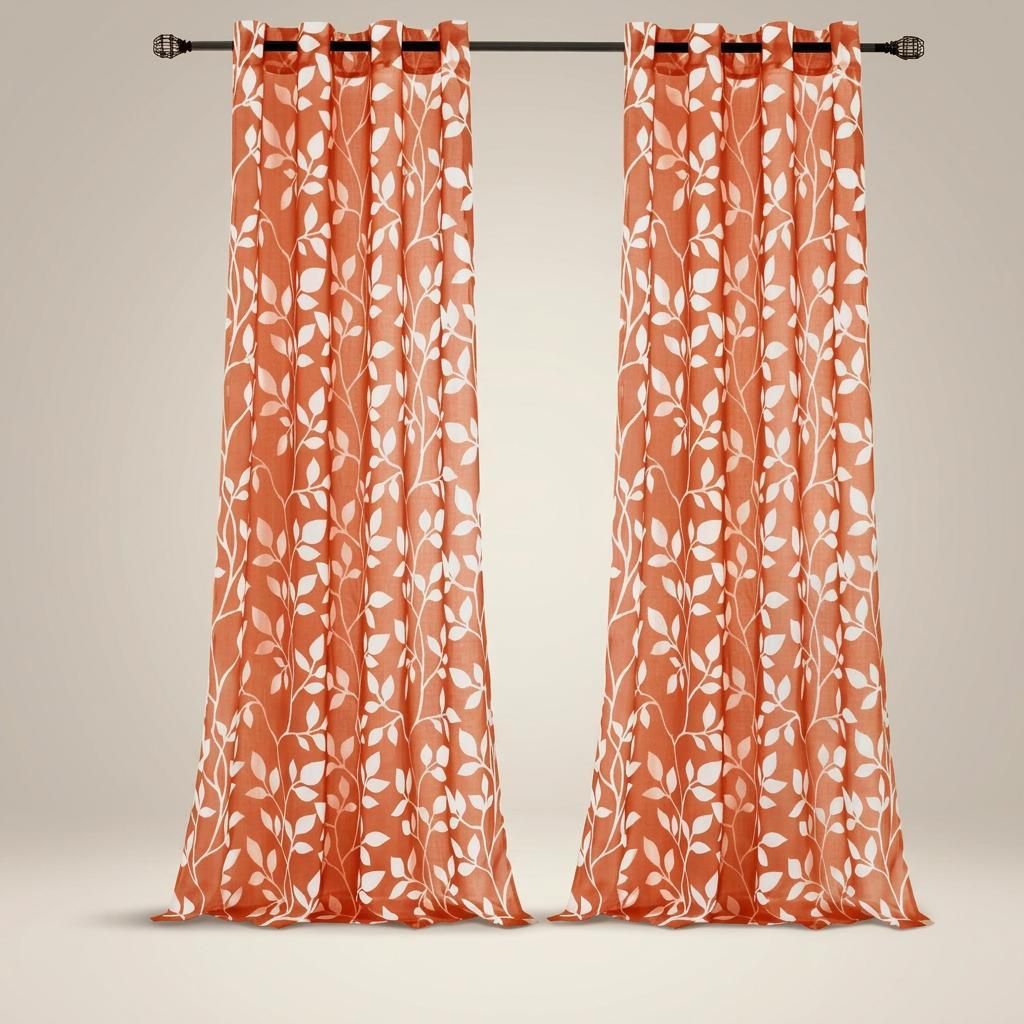 Vorhänge mit Ösen, Set 2 Stück 140x245 cm Orange mit Blätter-Motiv