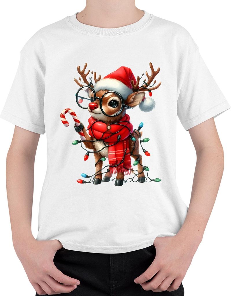 Weihnachtsrentier Rudolph Brille Zuckerstange Kawaii Geschenk Uni Kinder T-Shirt, Weiß, 128