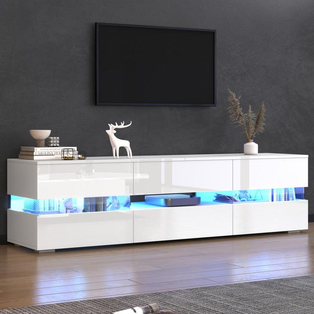 Merax Hochglanz TV-Schrank mit LED, TV Lowboard mit Acryl-Glaseinsatz, Wohnzimmerschrank mit 2 Türen und 1 Schublade, für 70-Zoll-Fernseher, Weiß