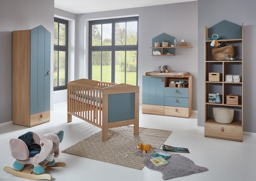 Babyzimmer Set Roofy 6-tlg. Kleiderschrank 1-türig, Wickelkommode, Babybett, Wandregal, Standregal, Umbauseiten