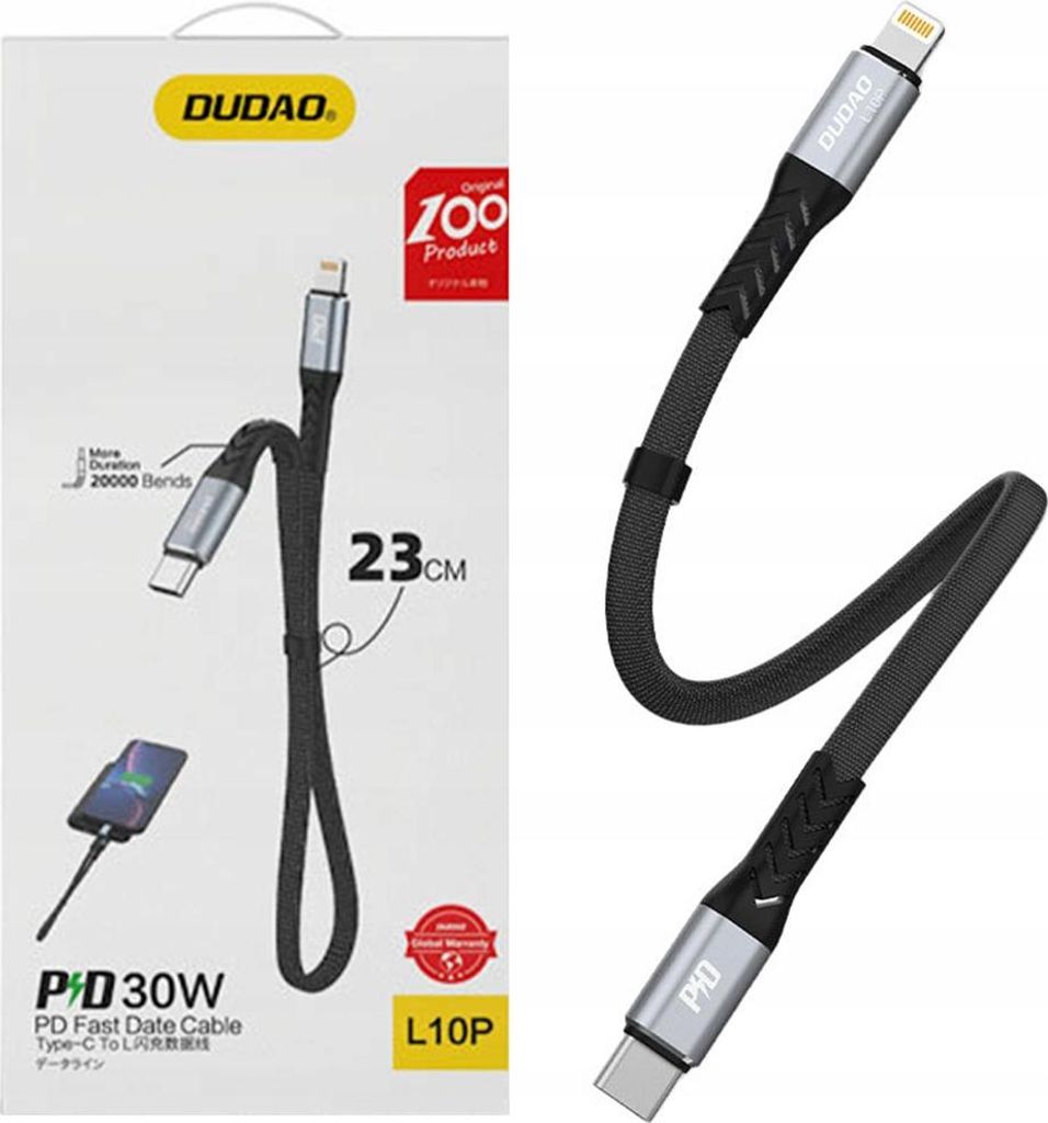 DUDAO Câble USB-C vers Lightning 20W PD 0,23m Noir - Câble Image du produit 