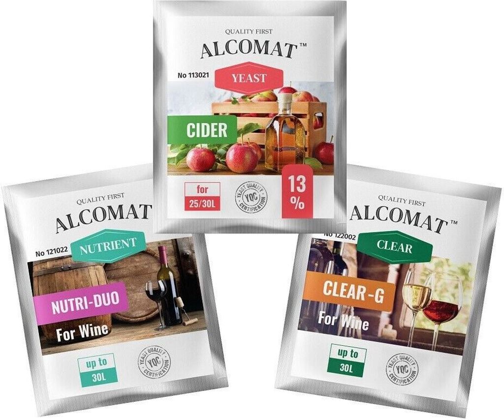 SET Alcomat Cider Hefe + Nährstof + Klärmittel | Gärhefe Brennhefe Weinhefe | für Wine, Apfelwein | Nutri Duo | Clear-G