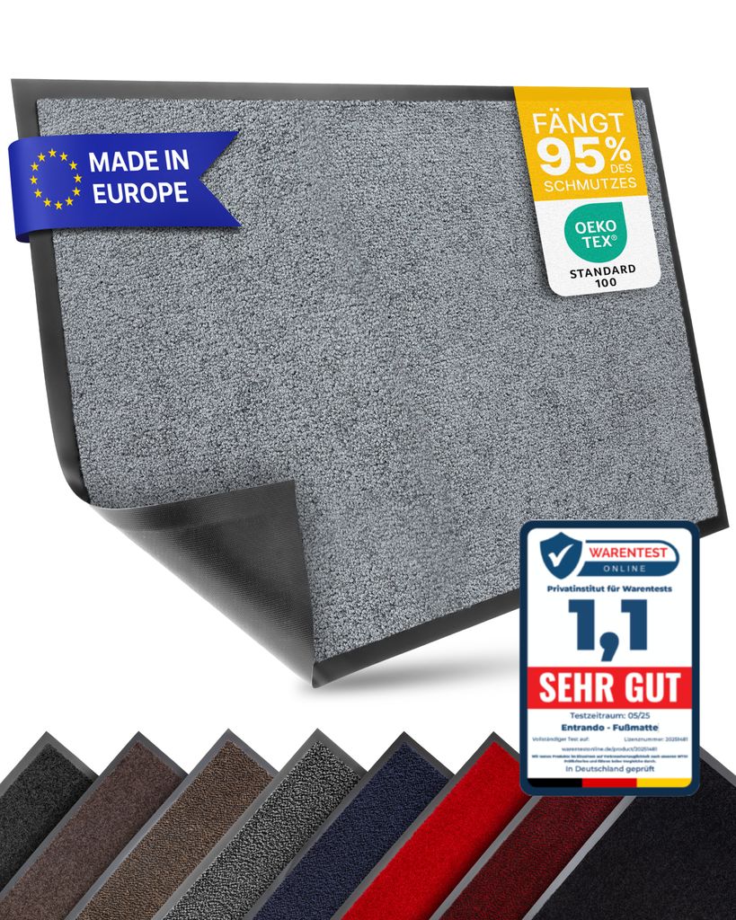 Entrando Fußmatte 60x90 cm in Grau - Rutschfeste Schmutzfangmatte für innen und außen - ideal für Haustür, Flur, Balkon, Terrasse - Carpet Fu...