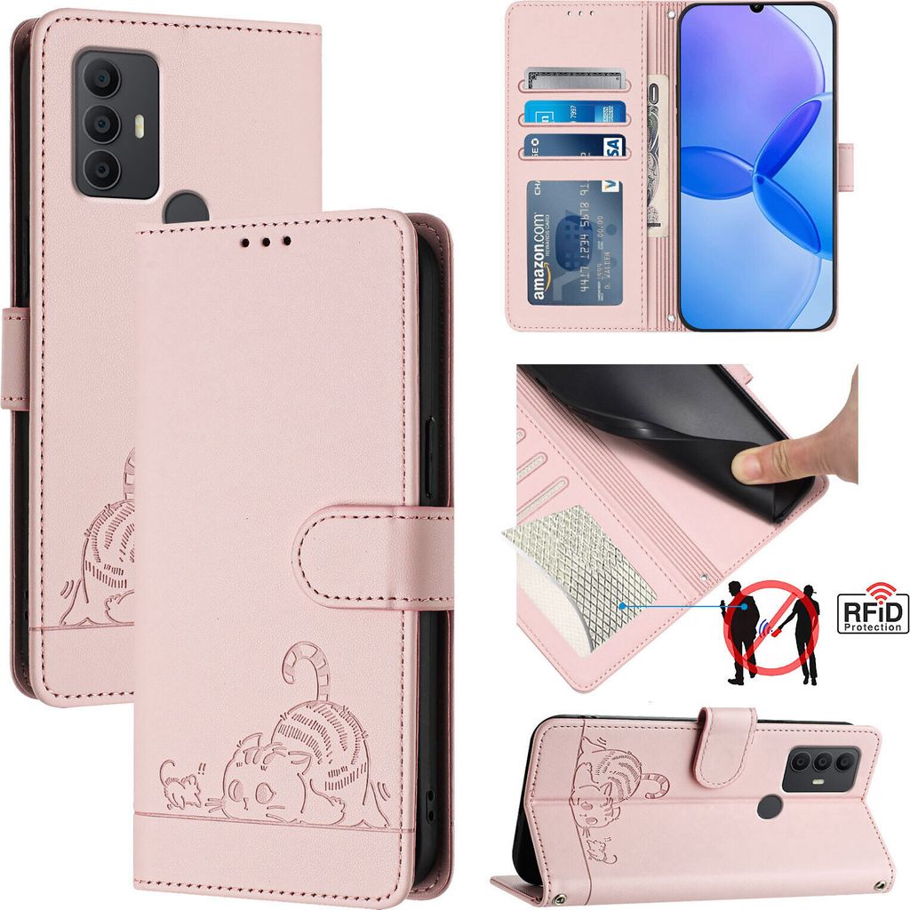 Leder Hülle für TCL 306 Süße Katze Flip Case Brieftasche Schutzhülle mit Standfunktion Pink
