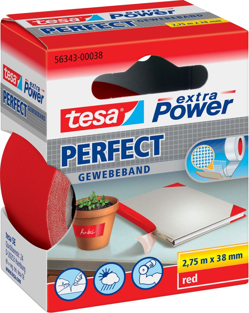 tesa extra Power Perfect Gewebeband rot 2,75m x 38mm Produktbild 