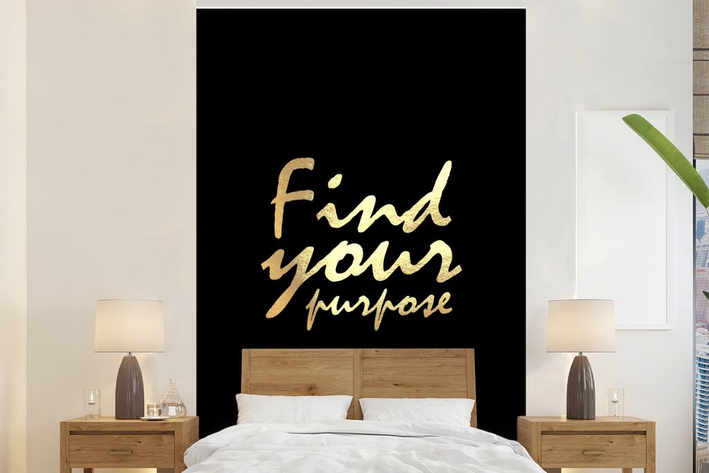 MuchoWow Fototapete für Wohnzimmer oder Schlafzimmer Wandtapete Vinyl Motivtapete Zitat - Leben - Gold - Schwarz - 180x280 cm - Wallpaper