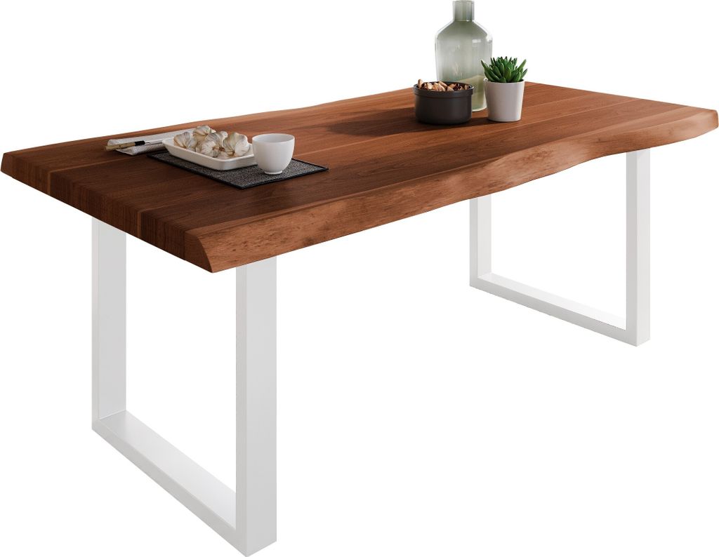 Esstisch Baumkante massiv Akazie Nussbaum 200 x 100 U-Gestell weiß ATLAS