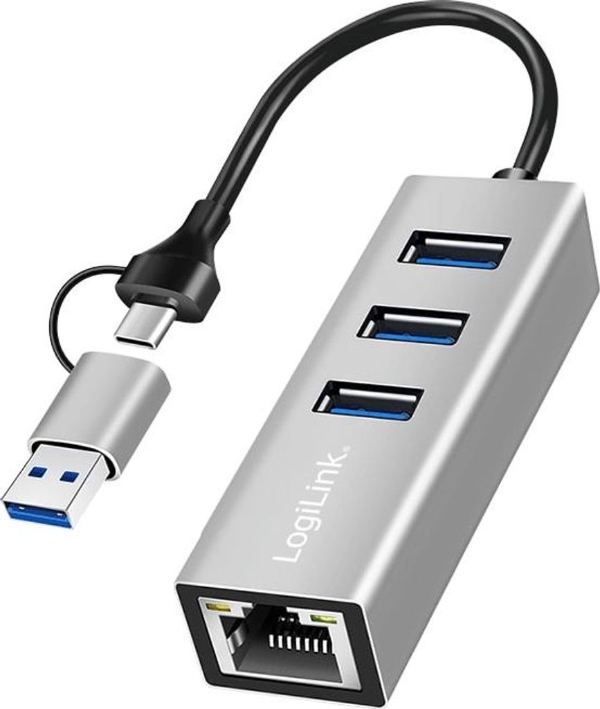 LogiLink USB 3.0 Hub, 4x USB-A, 5 Gbit/s, 2-in-1 Anschlusskabel, Silber, USB 3.2 Gen 1 (3.1 Gen 1) Type-A + Type-C, USB 3.2 Gen 1 (3.1 Gen 1) Type-...