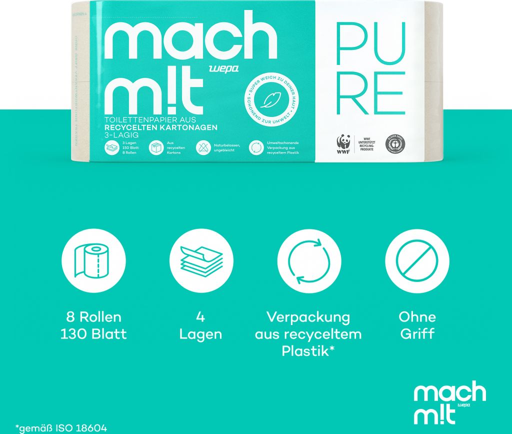 mach m!t PURE Toilettenpapier - 8 Rollen 3lagig - frei von Produktbild 2
