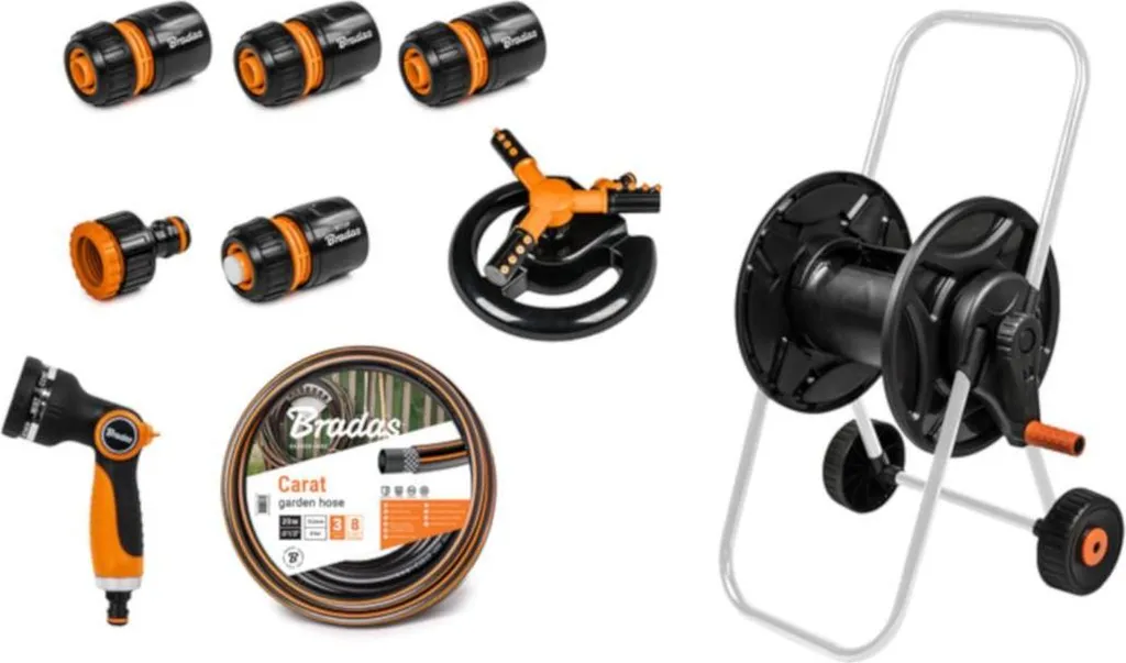 Tuyau d'arrosage robuste 20m avec chariot mobile et raccords rapides