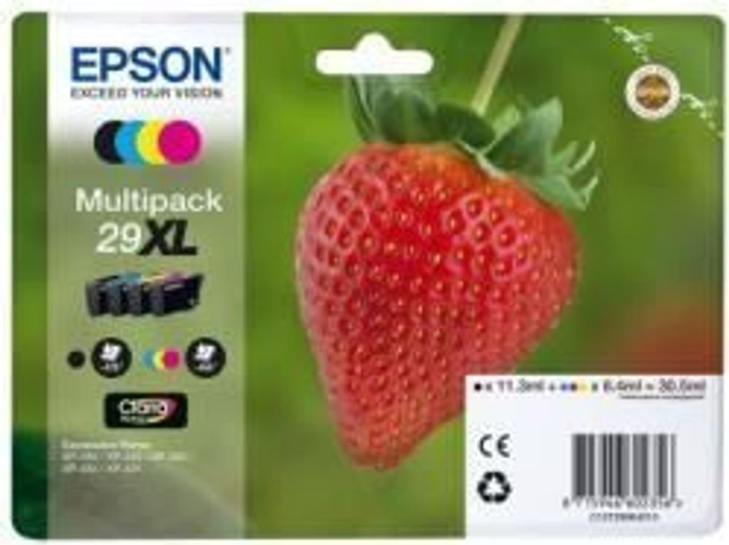 Packaging for Epson 29XL ink cartridges with a strawberry image.