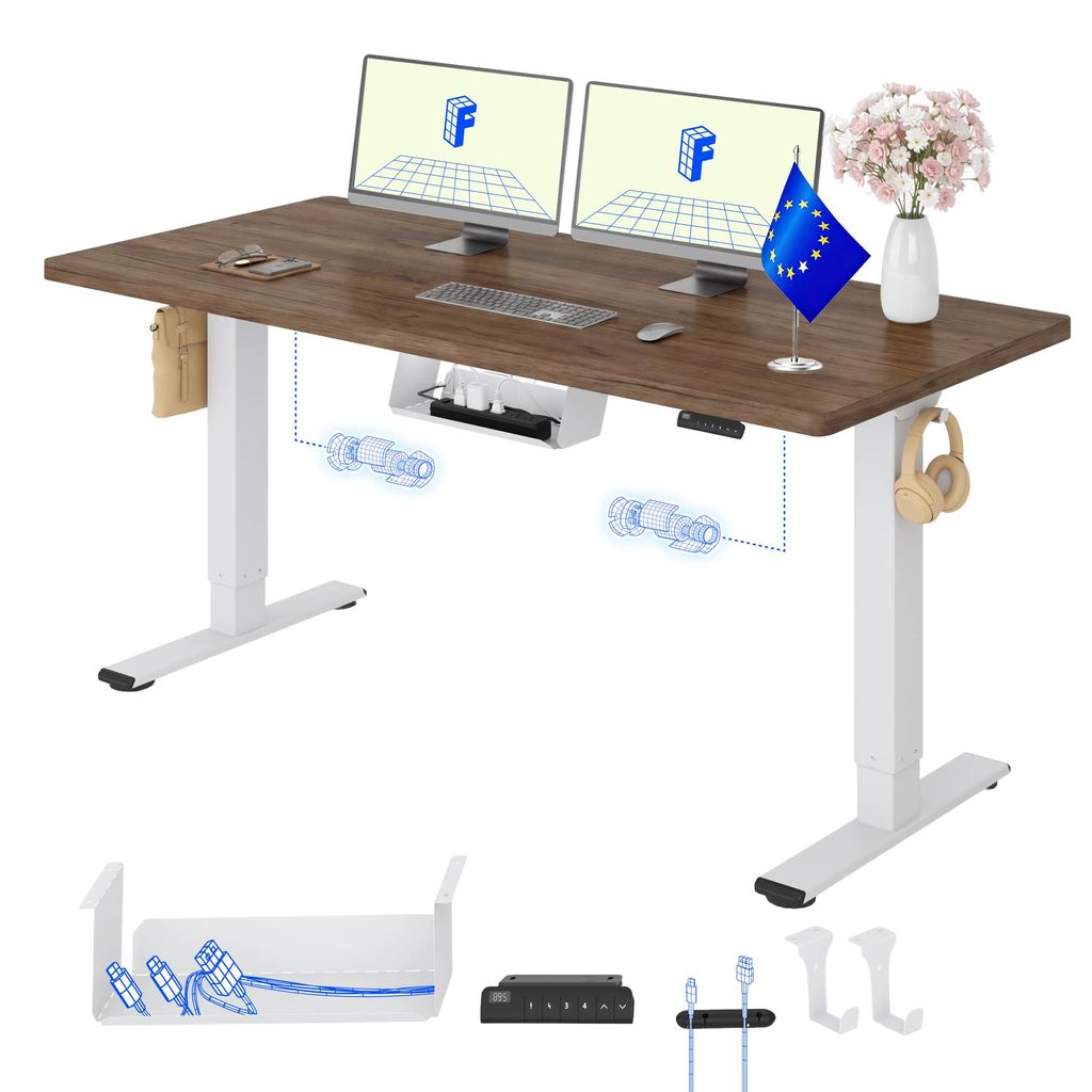 FLEXISPOT E1 Pro Elektrisch Höhenverstellbarer Schreibtisch EU, 140x80cm 25MM EINTEILIGE TISCHPLATTE Doppelmotor 120KG Tragkraft Kaffee-Eiche Optik