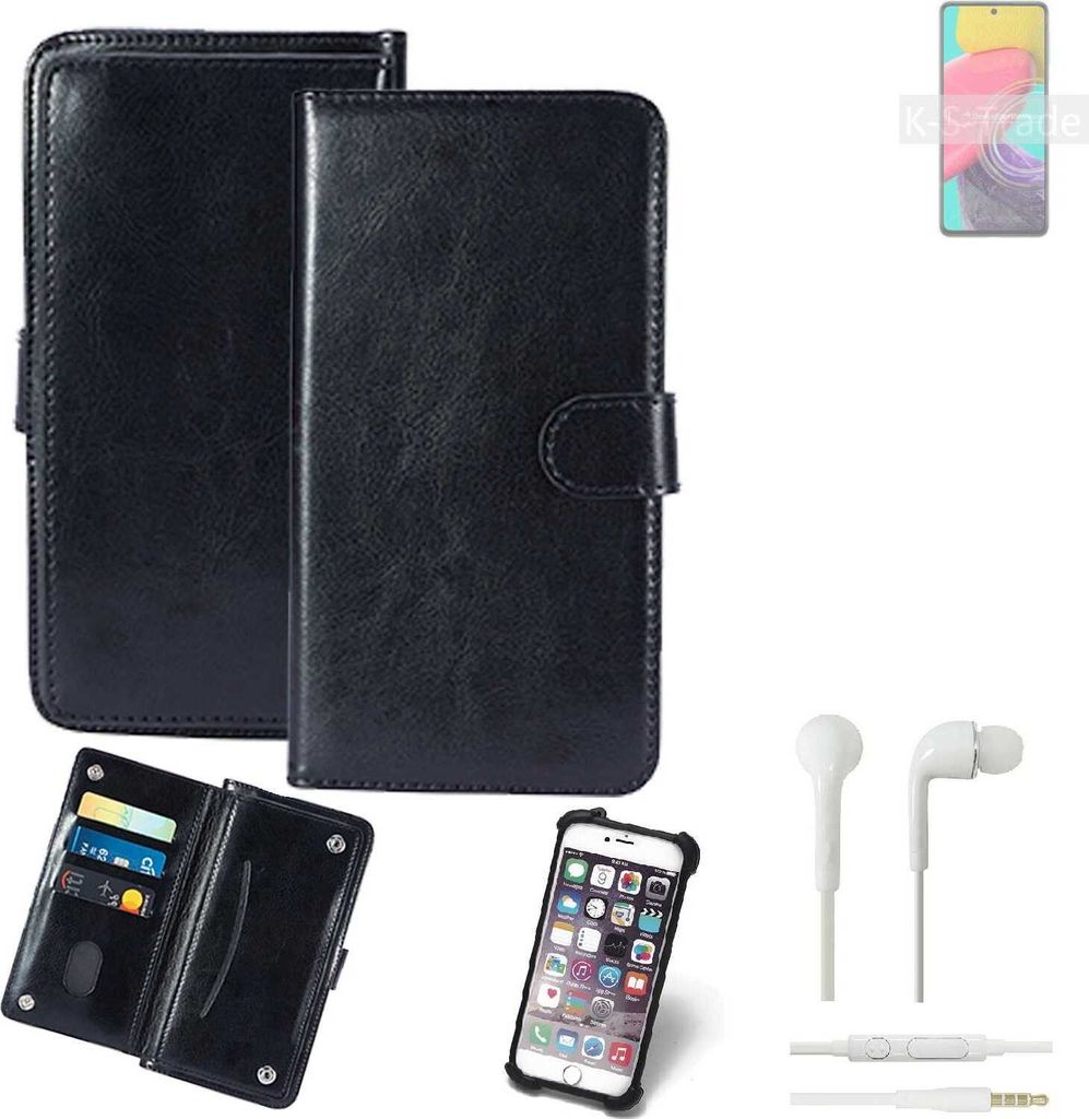 K-S-Trade 360° Hülle kompatibel mit Samsung Galaxy M53 5G inkl. Headphones schwarz Kunstleder Case BookCase WalletCase Kunstlederederhülle