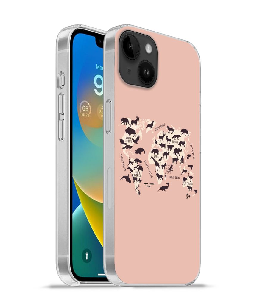 MuchoWow Handyhülle Schutzhülle Hülle für Apple iPhone 14 Plus - Soft case Weltkarte - Tiere - Scherenschnitt Silikon Softcase Handy Hülle -...