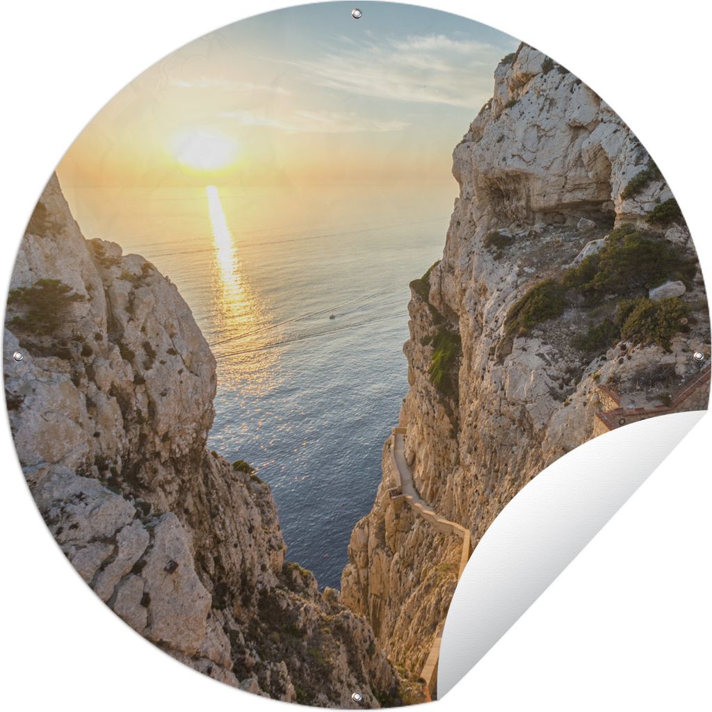 MuchoWow Gartenposter Outdoor-Poster Rund Felswände am Wasser auf Sardinien Ø 150 cm Gartendeko Rundes Poster draußen