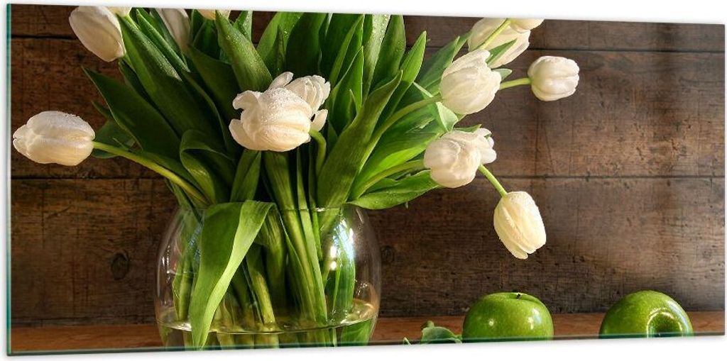 Bilder auf glas - Tulpen Apfel Blumenstrauß Frühling - 120x50cm - Glasbilder - Wandbilder - Kunstdruck - Wanddekoration aus Glas - Glas Bilder - ...