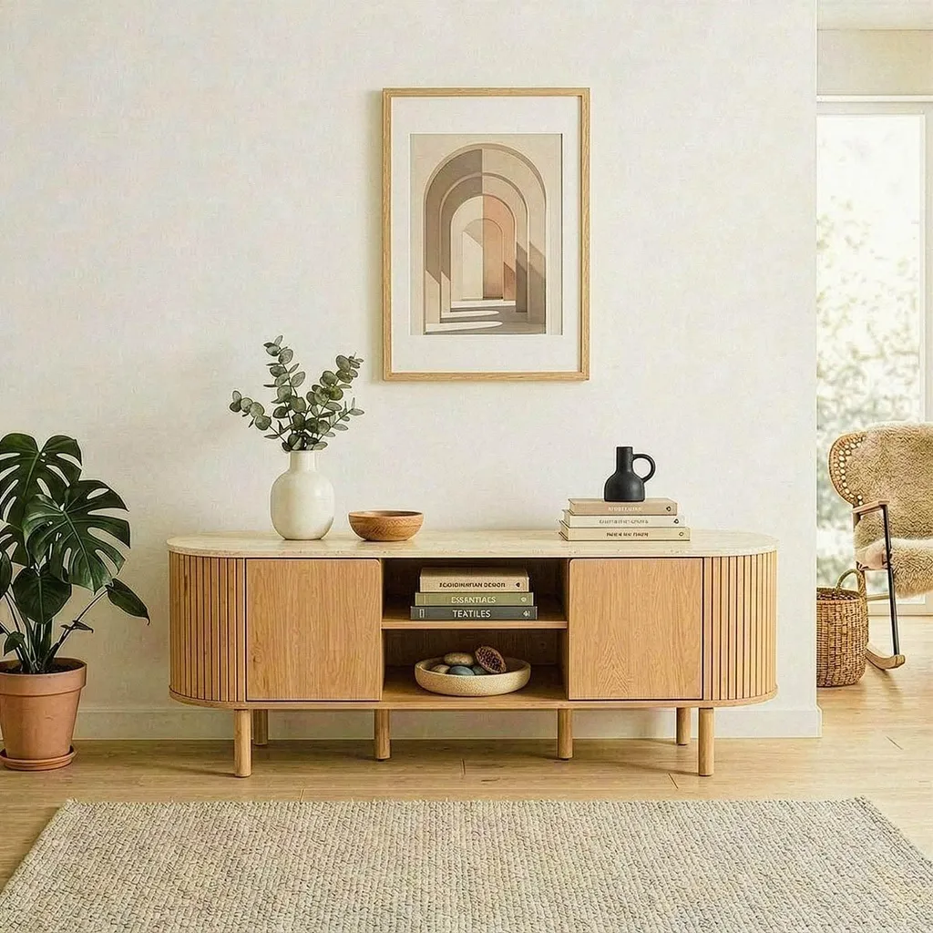 Meuble TV Salon 140 cm HELIOS Plateau Travertin Rangement Multimédia