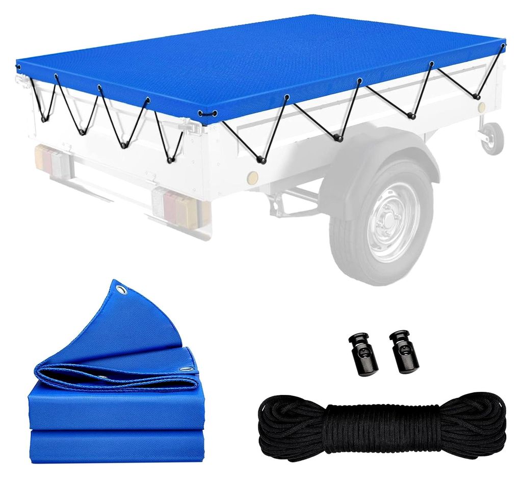 225x131x6cm Anhängerplane, Wasserdichte Flachplane aus 600D Oxford-Gewebe, Geeignet für Autotransportanhänger bis 500kg