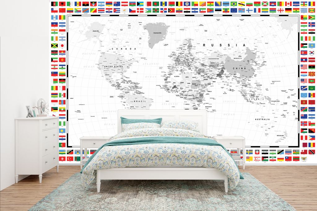 MuchoWow Fototapete für Wohnzimmer oder Schlafzimmer Wandtapete Vinyl Motivtapete Weltkarte - Schwarz - Weiß - Flagge - 435x260 cm - Kinderzimmer