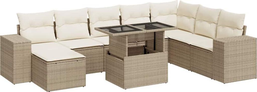 vidaXL 9-tlg. Garten-Sofagarnitur mit Kissen Beige Poly Rattan