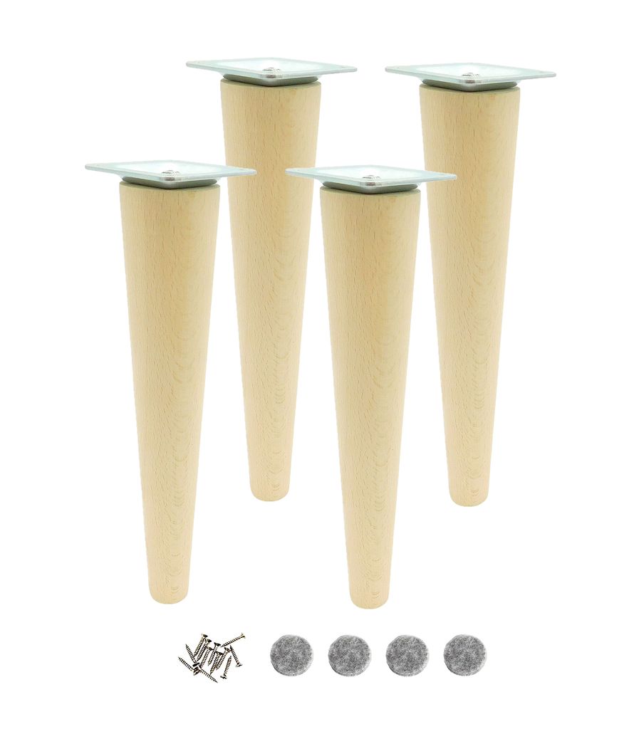 Four wooden furniture legs and accessories on a white background.