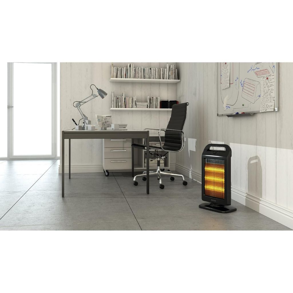 An office or study room with a desk, chair, bookshelves, and a heater.