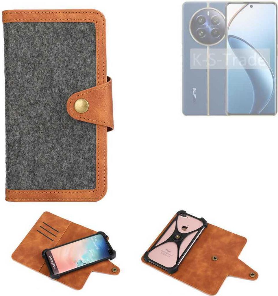 K-S-Trade Schutzhülle Handyhülle kompatibel mit Realme 12 Pro 5G Filz Hülle Kunst-Leder dunkelgrau braun (1x)