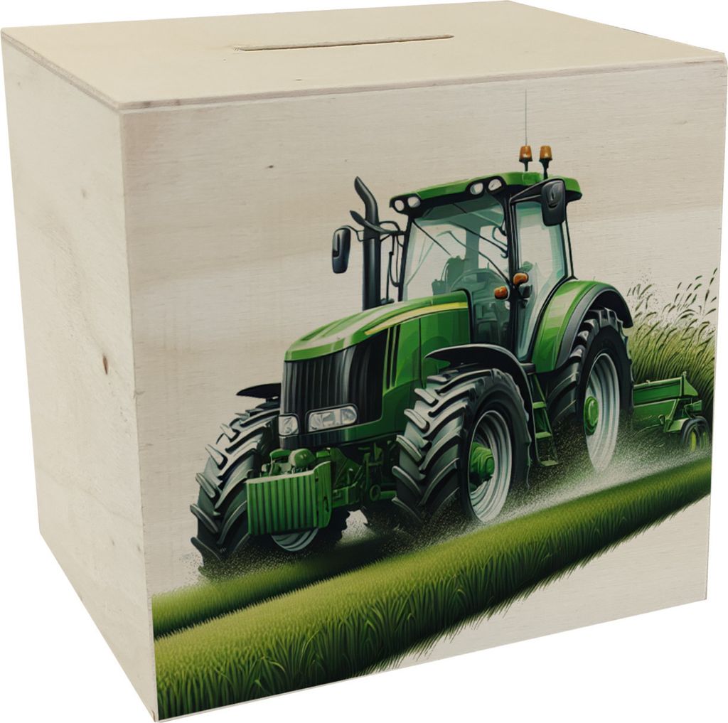 Traktor bei der Feldarbeit Spardose aus Holz