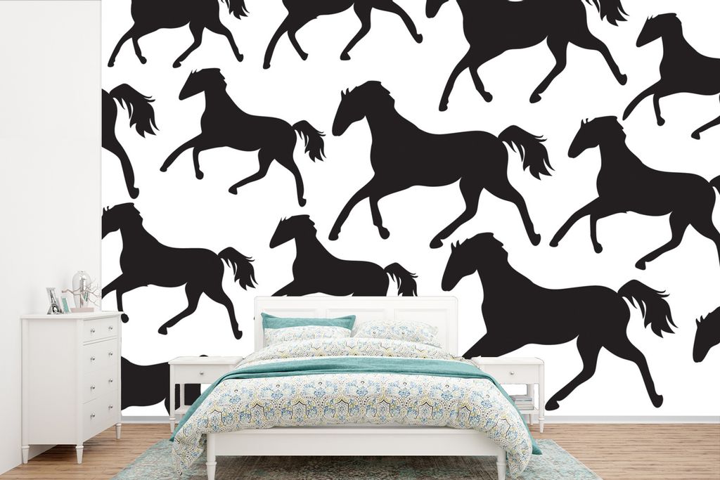 MuchoWow Fototapete für Wohnzimmer oder Schlafzimmer Wandtapete Vinyl Motivtapete Pferde - Weiß - Muster - Mädchen - Kinder - Mädchen - 525x3...