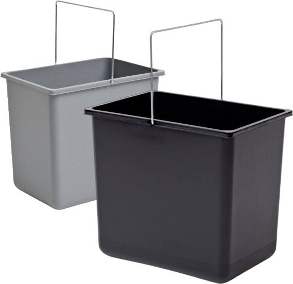 Two rectangular buckets with metal handles, one gray and one black, are shown side-by-side.