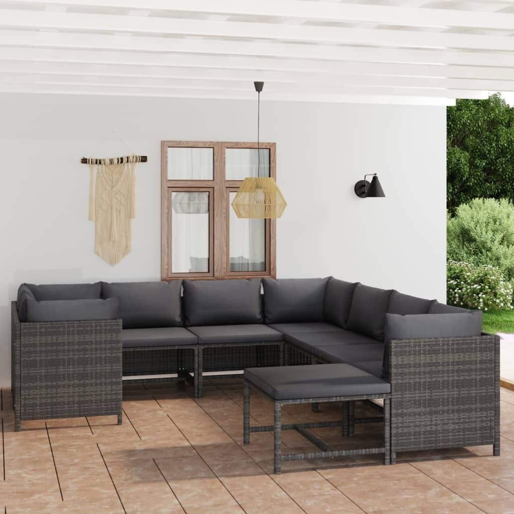 The Living Store 9-tlg. Garten-Lounge-Set mit Kissen Poly Rattan Grau