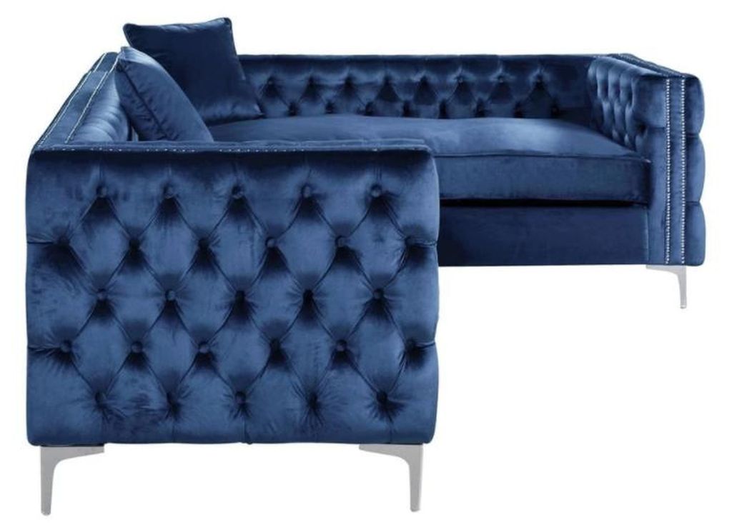 Ecksofa Blau Chesterfield Couch Eckgarnitur Polster Samt Stoff Ecke Möbel Design