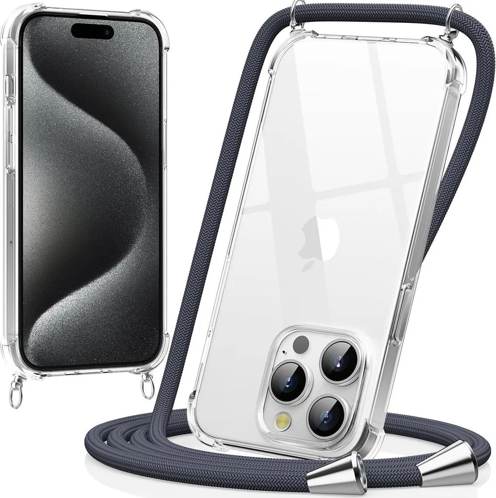 Catena portacellulare compatibile con iPhone 15 Pro 6,1 pollici, custodia trasparente per collana con bande, grigio scuro