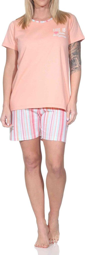 Normann Damen Schlafanzug kurzarm Shorty Pyjama mit kurzer Pyjamahose in Streifenoptik ; apricot , 48