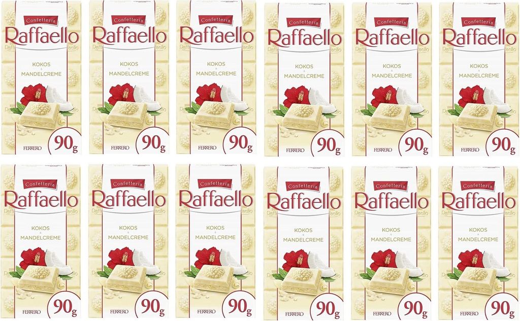 12x Ferrero Raffaello Crema di Mandorle e Cocco Gefüllte Weiße Schokolade mit Mandelcreme und Kokos 90g Riegel