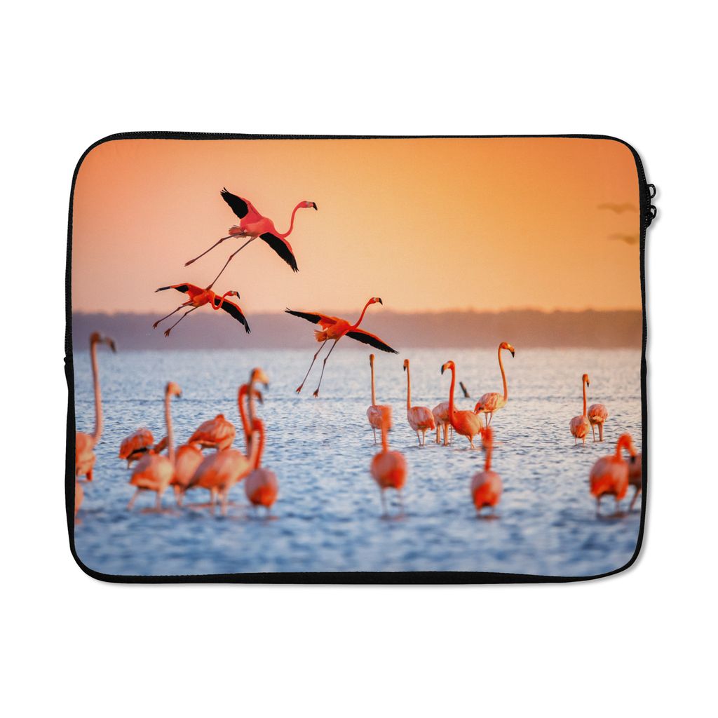 MuchoWow Laptop Hülle 17 Zoll Laptoptasche Vogel - Flamingo - Wasser - Sonnenuntergang - Rosa - Zipper - Schutzabdeckung