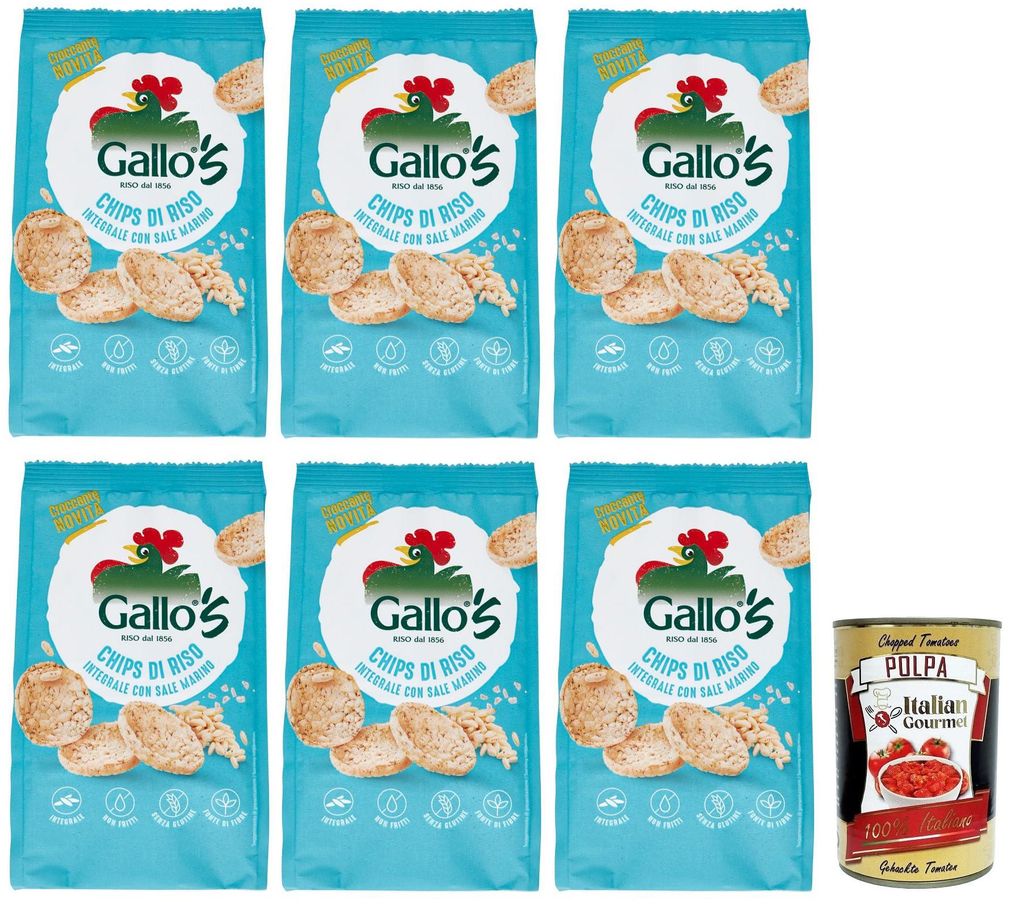 6x Riso Gallo Chips con Riso Integrale eMarino,Snack mit Braunem Reis und Meersalz,40g-Beutel + Italian Gourmet Polpa di Pomodoro 400g Dose