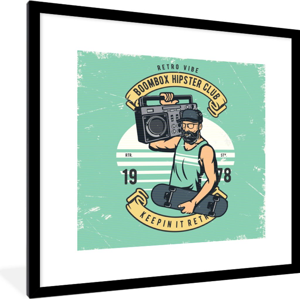 MuchoWow MuchoWow Gerahmtes Poster Mancave - Radio - Skateboard - Altmodisch 40x40 cm - Poster mit zchwarzem Bilderrahmen - Poster - Plakat im ...