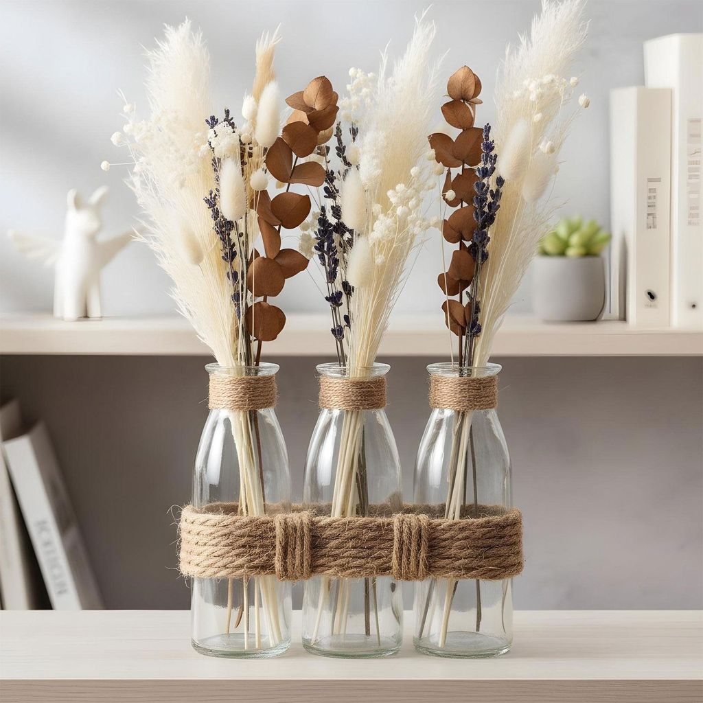 3 Tischvasen Glas Vintage Jute H14cm Kleine Vase Tischdeko Boho Scandi Design Wohndeko Frühling Blumenvase Hochzeit