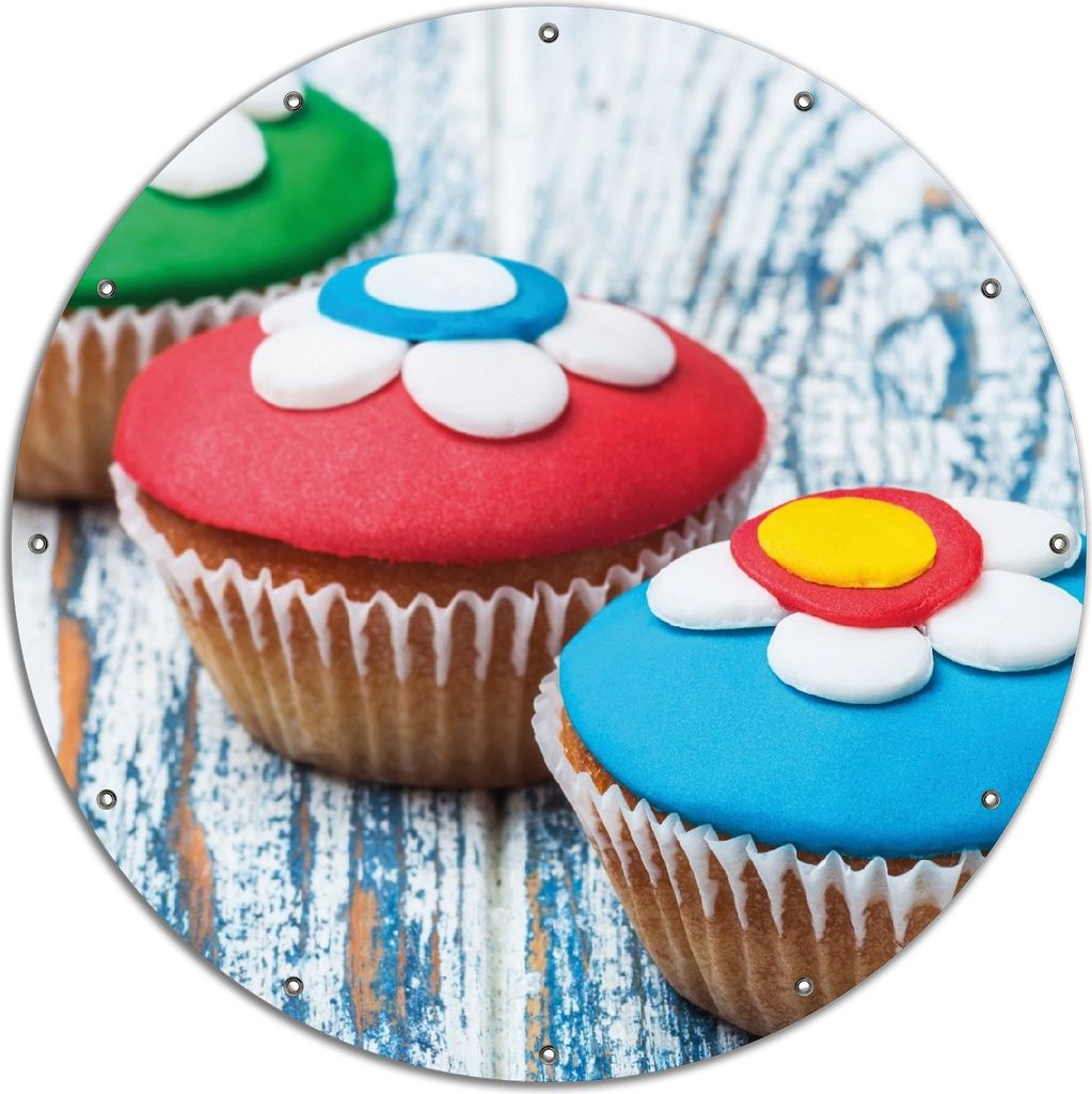 Wallario rundes Outdoor-Poster für Garten oder Balkon, Motiv Bunte Muffins - alter Holztisch - Stillleben, 120 cm Durchmesser