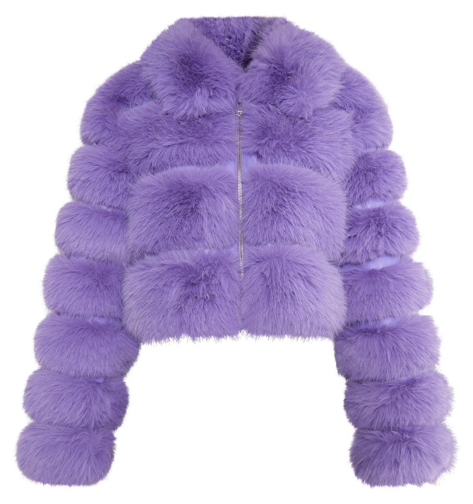 Damen Crop Jacke lila Größe S aus Fake Fur mit Reißverschluss und übergroßem Kragen