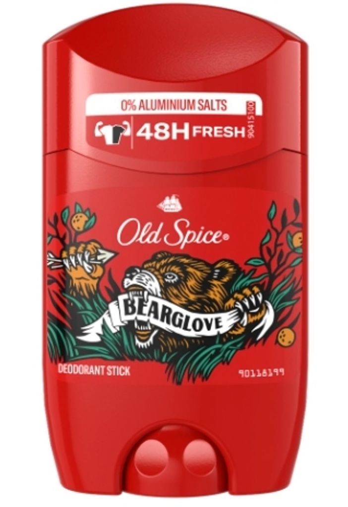 A red Old Spice deodorant stick with a bear graphic.
