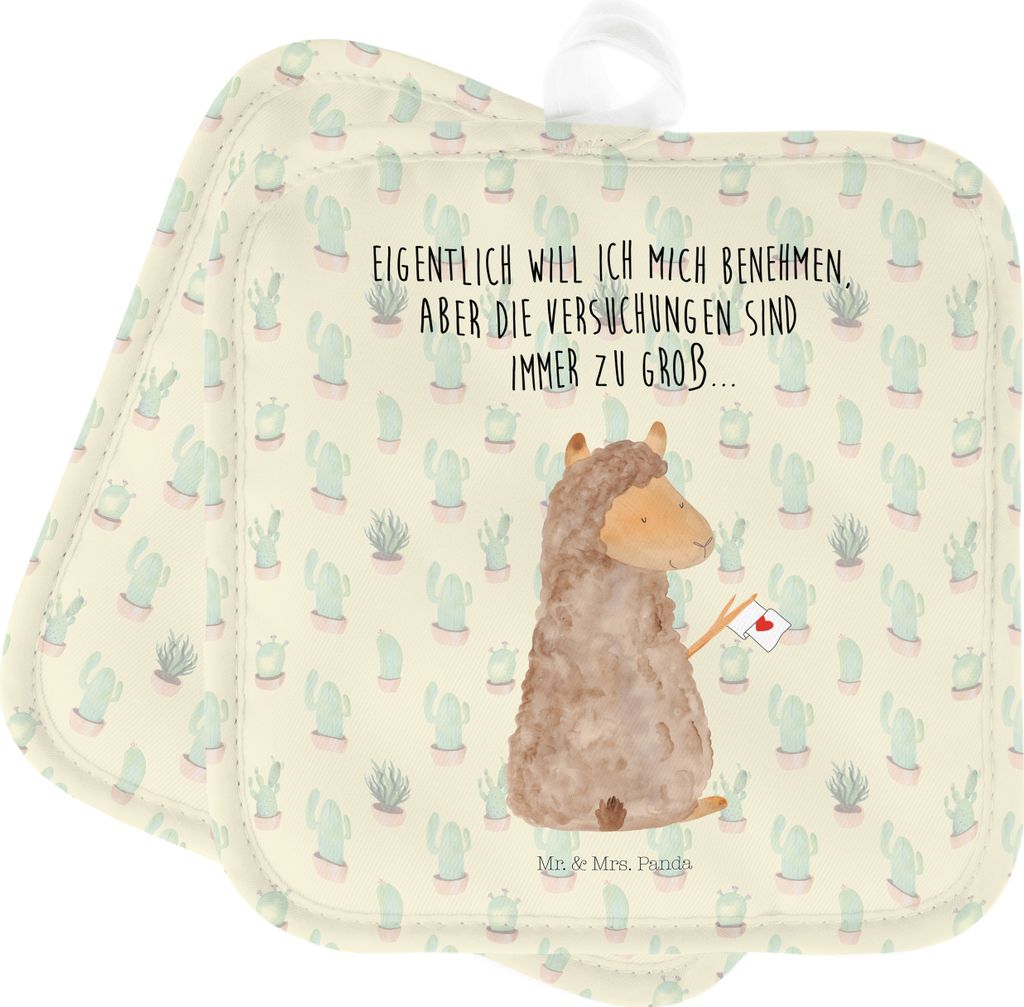Mr. & Mrs. Panda Topflappen Alpaka Fahne - Kaktus Grün - Geschenk, Topfuntersetzer, Lamas, Liebe, Alpakas, Lama, topfhalter, Ofenlappen, Set, Koch...