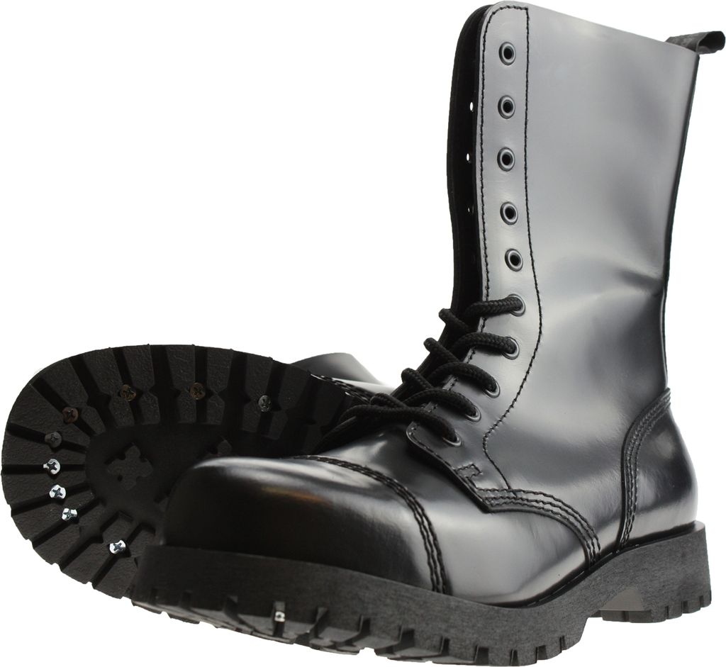 A pair of black leather combat boots with metal studs on the sole, shown against a white background.