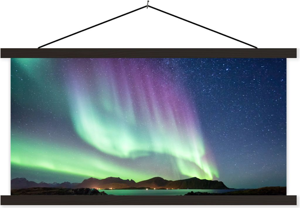 MuchoWow Textilposter Nordlicht - Grün - Lila - Sternenhimmel - See - Berg 60x30 cm mit schwarzem Rahmen - Textilien