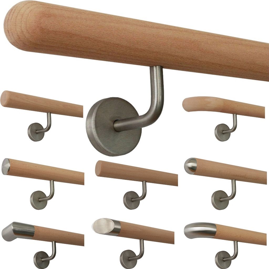 TIBU Buche unbehandelt Holz Handlauf Geländer 0,3m - 5m, Länge 290 cm, Ende Halbkugel gefräst und 4 gewinkelte Halter
