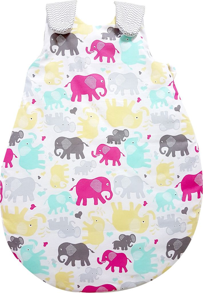 Baby-Joy Schlafsack für Babys ZICK-ZACK Linie 100% Baumwolle WARM gefüttert - 1) Größe: 62/68 | 2) Design: 10 Elefant