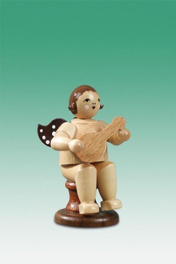 Holzfigur Musikantenengel mit Mandoline sitzend mit Krone natur Höhe 6,5cm NEU